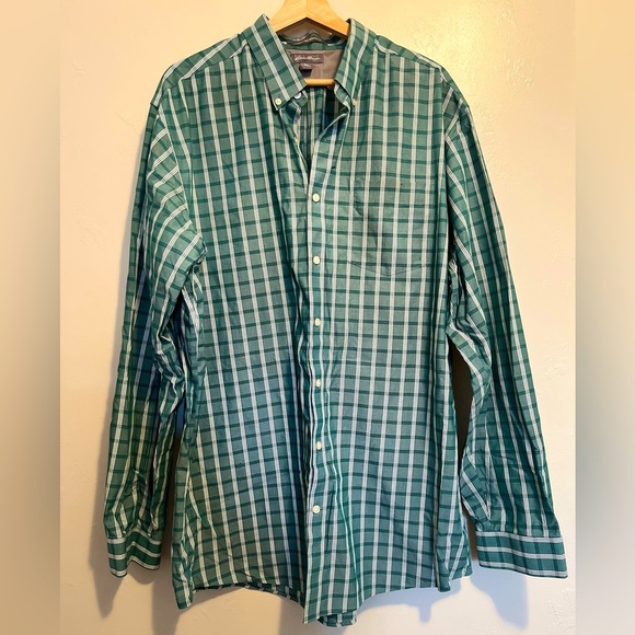 Green and White Plaid Long-Sleeved Button-Down Shirt by Eddie Bauer - Picture 1 of 9